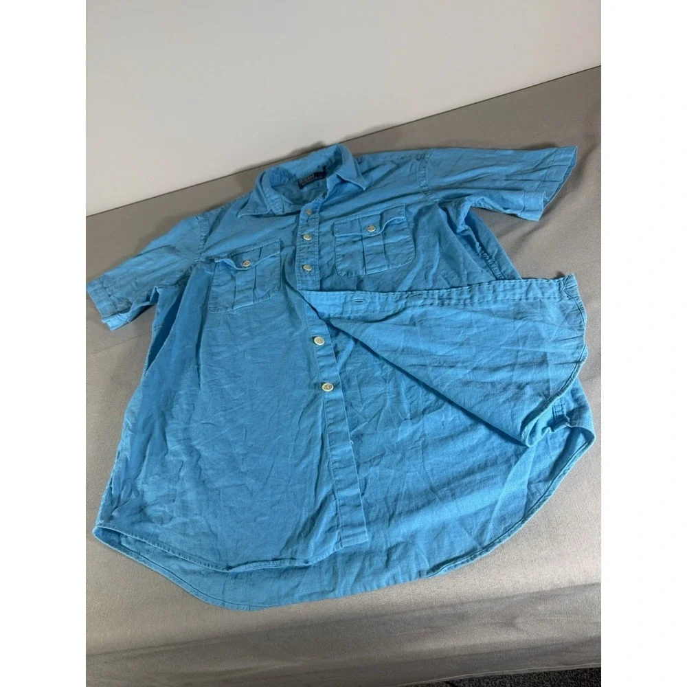 VINTAGE Polo Ralph Lauren Shirt Adult Large Blue Dual Pocket Cargo Linen Mens